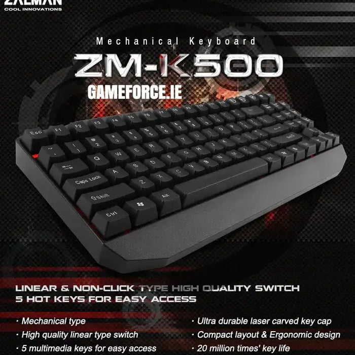 Zalman ZM-K500 Mechanical Keyboard featured with sleek design, perfect for gaming setups.