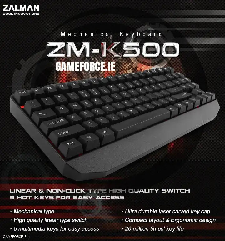 Zalman ZM-K500 Mechanical Keyboard showcased by GAMEFORCE.IE, Ireland's expert PC builders, highlighting its sleek design and backlit keys.