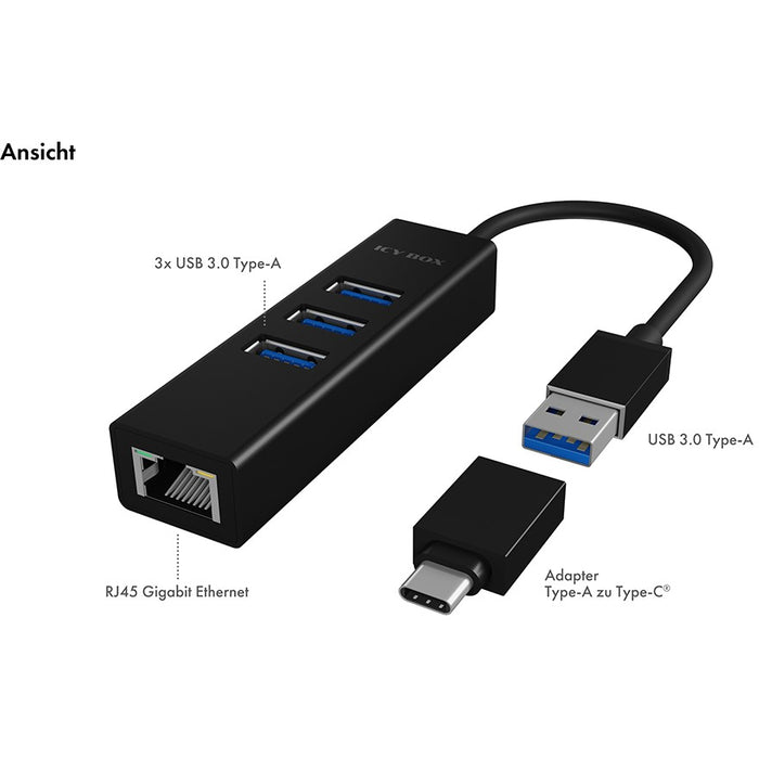 ICY BOX IB-HUB1419-LAN USB 3.0/USB-C HUB 3xUSB 3.0  1xGigabit LAN