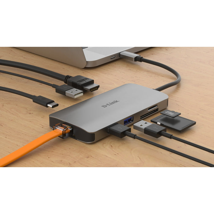 USB-C HUB 8Port D-Link DUB-M810 3xUSB3.0 USB-C HDMI 4K SD microSD Gigabit Lan RJ45 passiv Grey