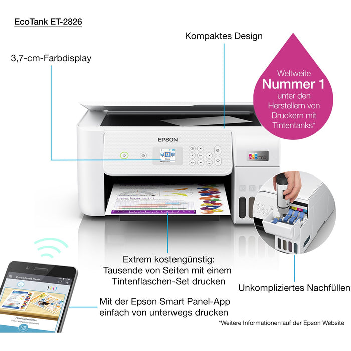 T Epson EcoTank ET-2826 Tintenstrahldrucker 3in1 A4 WLAN WiFi Weiss