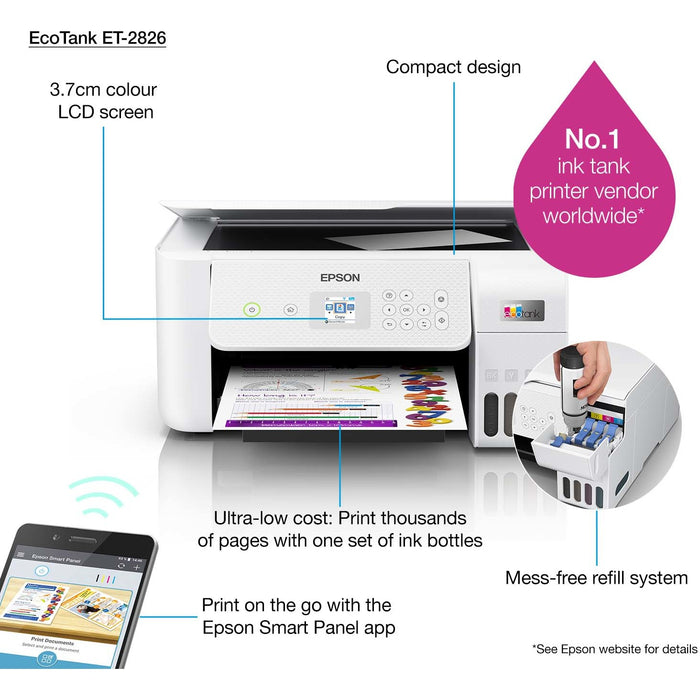 T Epson EcoTank ET-2826 Tintenstrahldrucker 3in1 A4 WLAN WiFi Weiss