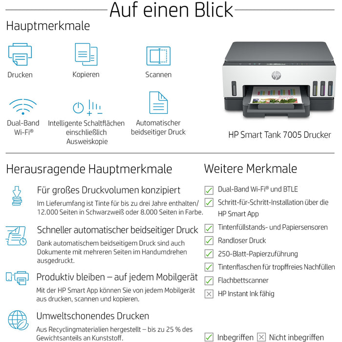 T HP Smart Tank 7005 Tinte-Multifunktionsdrucker 3in1 A4 Bluetooth WiFi Duplex