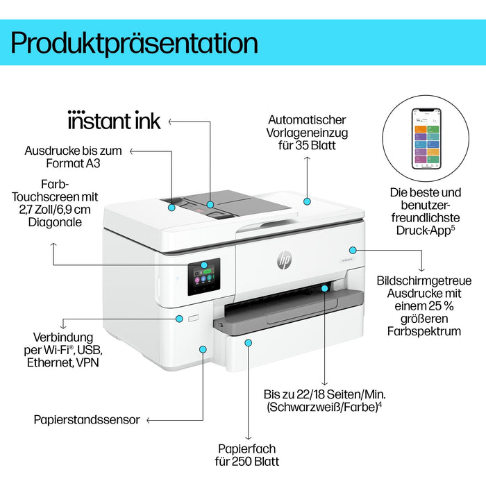 T HP OfficeJet Pro 9720e Tinte-Multifunktionsdrucker 3in1 HP+ A3 LAN WiFi ADF Duplex