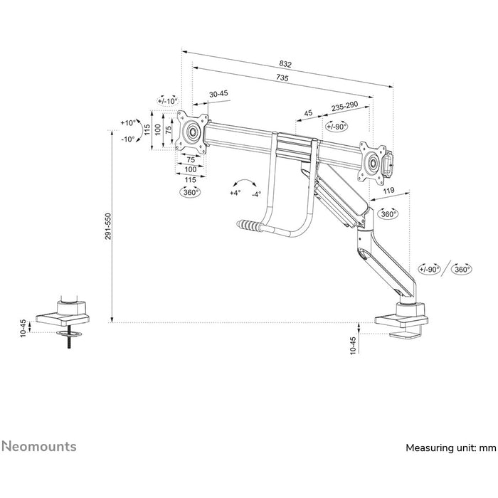 Full Motion Tischhalterung für zwei Flachbildschirme 17-32'' 7KG 2x 8KG Black Neomounts