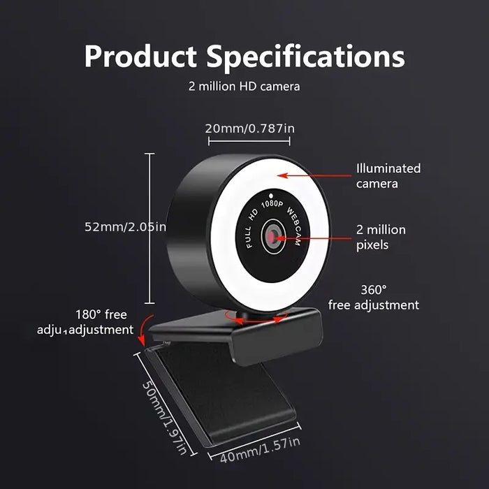 PC-Link 1080P HD USB Webcam with Microphone and Ring Light