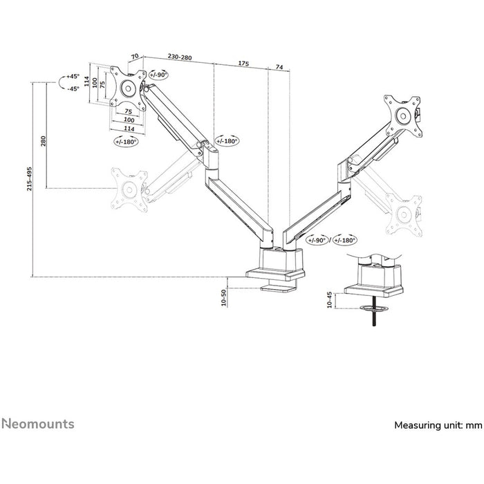 Neomounts DS70-250WH2 Tischhalterung für 2 Monitore bis 81cm 32" 9KG Weiß