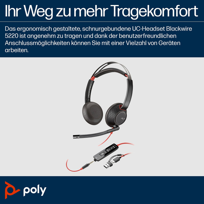 Poly Blackwire 5220 Stereo USB-C Headset +3.5mm Plug +USB-C/A Adapter (207586-201/207576-201)