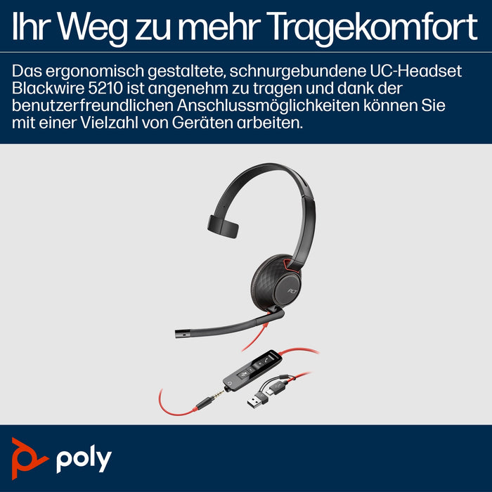 Poly Blackwire 5210 Monaural USB-C Headset +3.5mm Plug +USB-C/A Adapter (207577-201)