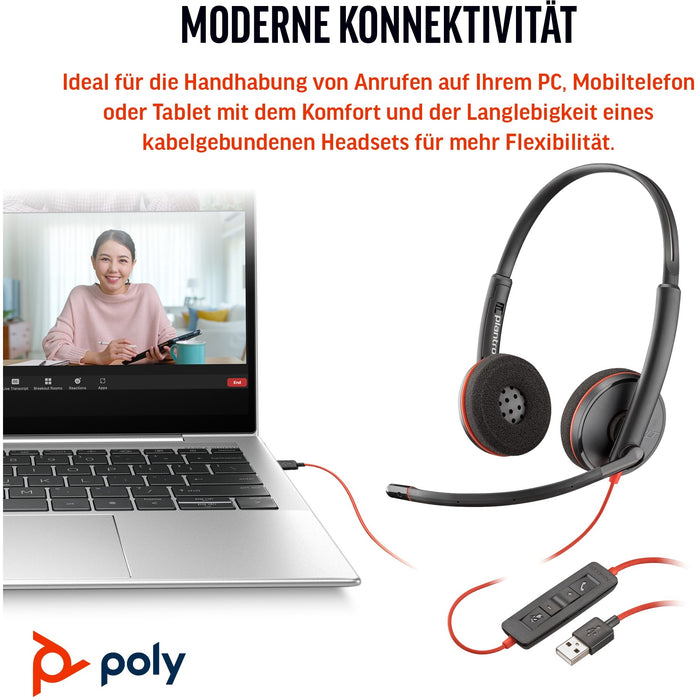 Poly Blackwire 3220 Stereo USB-C Black Headset +USB-C/A Adapter (Bulk) (209745-104)