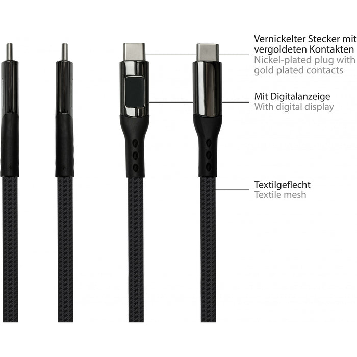 GoodConnections USB-C 2.0 (ST-ST) 1m Anschlusskabel mit Digitalanzeige Textilmantel 100W Schwarz