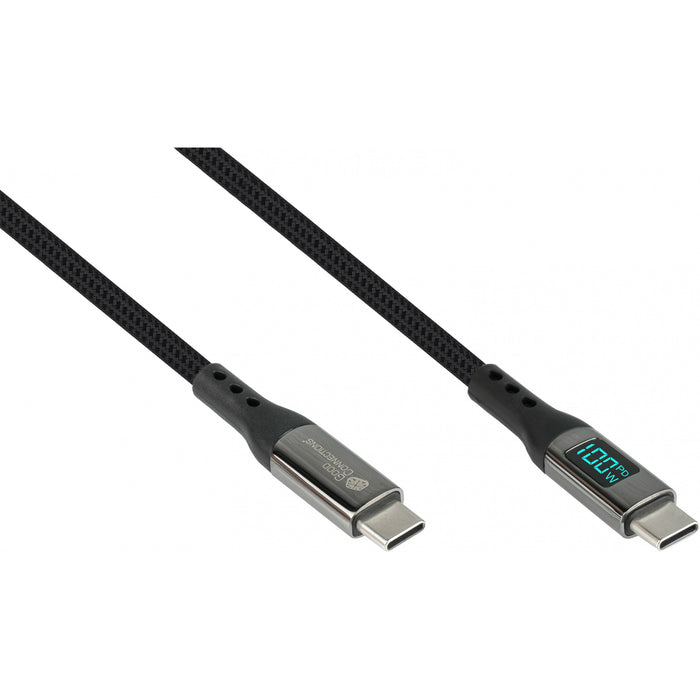 GoodConnections USB-C 2.0 (ST-ST) 1m Anschlusskabel mit Digitalanzeige Textilmantel 100W Schwarz