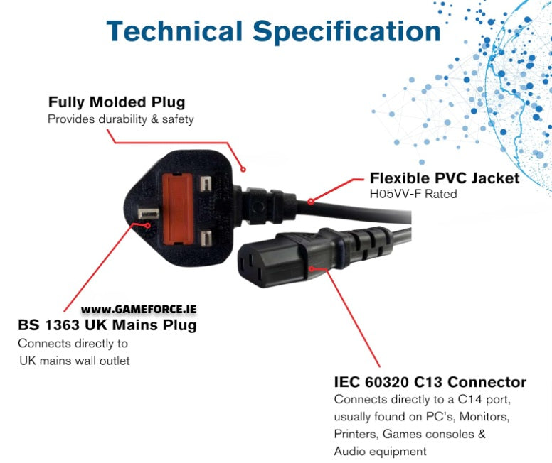 Power Cable - PC-Link Power Cable UK 3 Prong Plug C2G -C13 3 Meter For Gaming PCs / Office PCs And Workstations Along With Many Other Appliances,