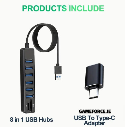 ADAPTER CONVERTER - ARES 8 In 1 Hub, USB Splitter, 6-Port USB Hub, External Combi USB 2.0 Hub, SD/TF Card Reader, Multi-Function Card Reader Compatible With MacBook Pro/Air USB C Laptops And Other Type C Devices.