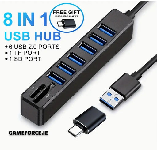 ADAPTER CONVERTER - ARES 8 In 1 Hub, USB Splitter, 6-Port USB Hub, External Combi USB 2.0 Hub, SD/TF Card Reader, Multi-Function Card Reader Compatible With MacBook Pro/Air USB C Laptops And Other Type C Devices.