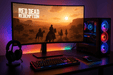 red dead redemption playing on monitor on desk rgb powered intel gaming pc